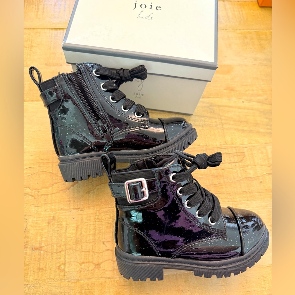 Joie kids girls black patent glitter combat heeled boots shoes